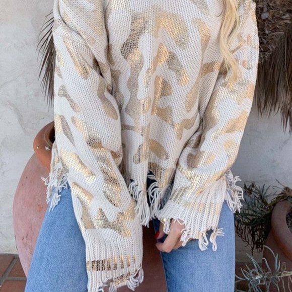 NWT Amoli Animal Print Ribbed Trim Distressed Sweater - Picture 4 of 9